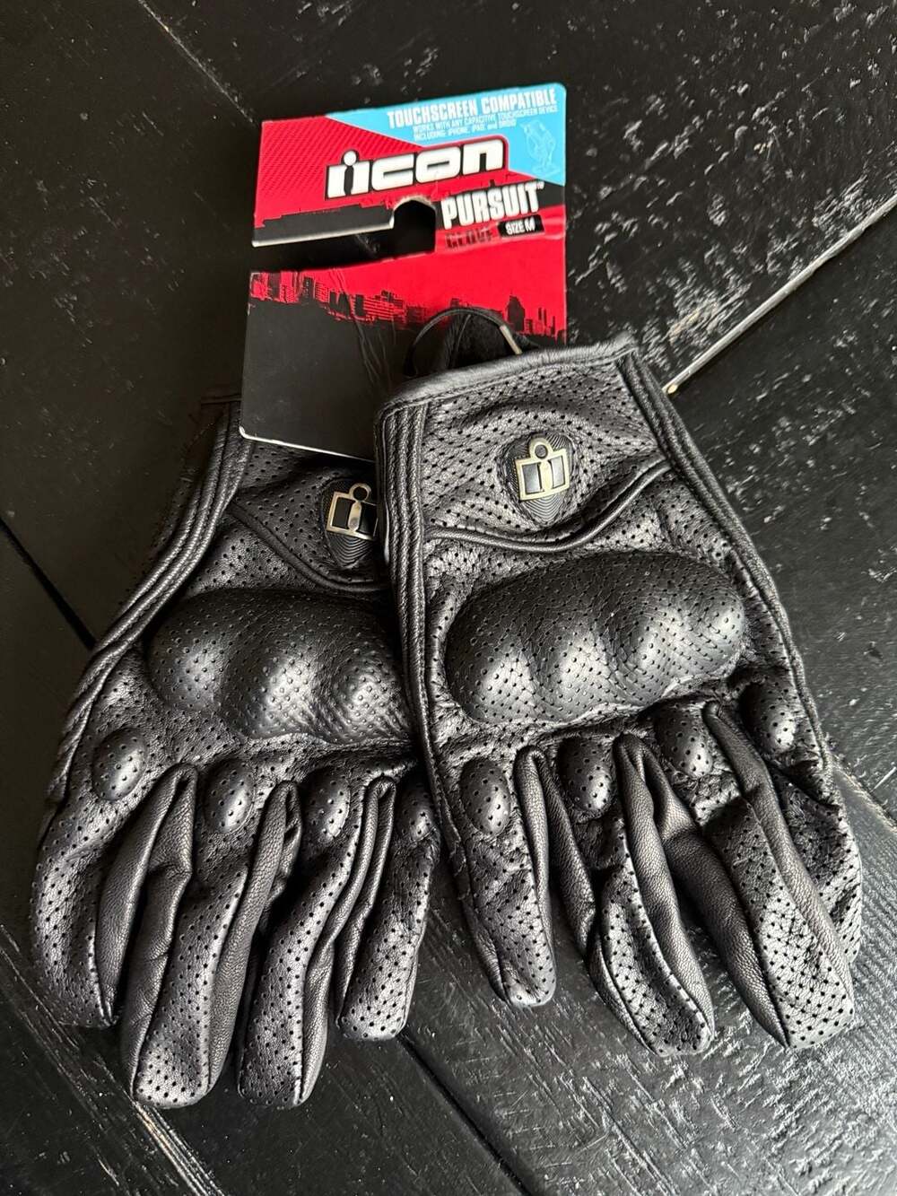 NWT! Icon Pursuit Touch Motorcycle Gloves - Size M Black Leather Perforated